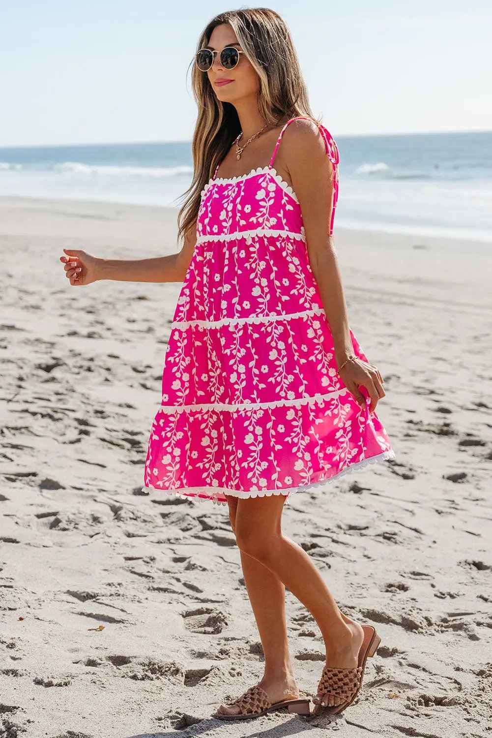 Mina Ric Rac Patched Sleeveless Mini Dress with Floral Print and Tie Shoulder Design - Love Salve